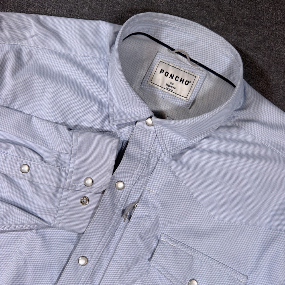 Poncho Western Fishing Shirt Mens 3XL Blue Micro Check Snap Front Performance